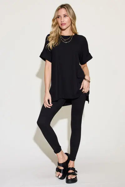 Zenana Plus Size Short Sleeve Slit T-Shirt and Leggings Lounge Set - Nikki’s Place