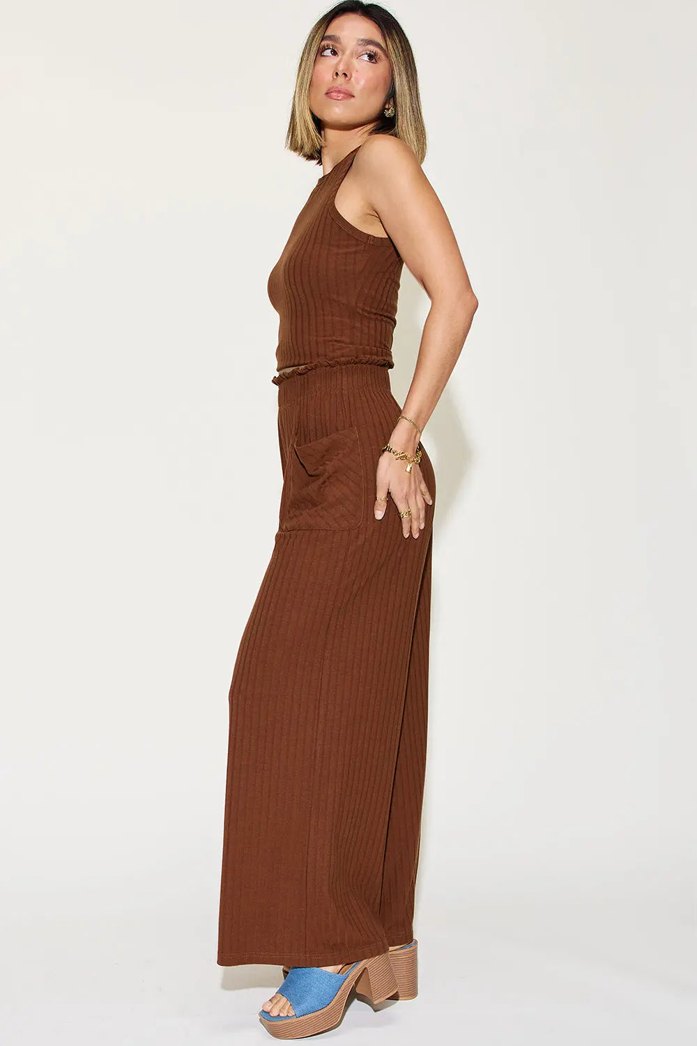 Basic Bae Full Size Ribbed Tank and Wide Leg Pants Set - Nikki’s Place