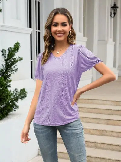 Eyelet Round Neck Short Sleeve Blouse - Nikki’s Place