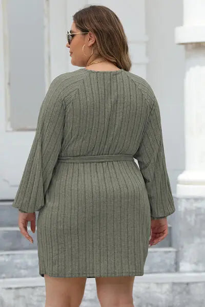 Plus Size Ribbed Tie Front Long Sleeve Sweater Dress - Nikki’s Place