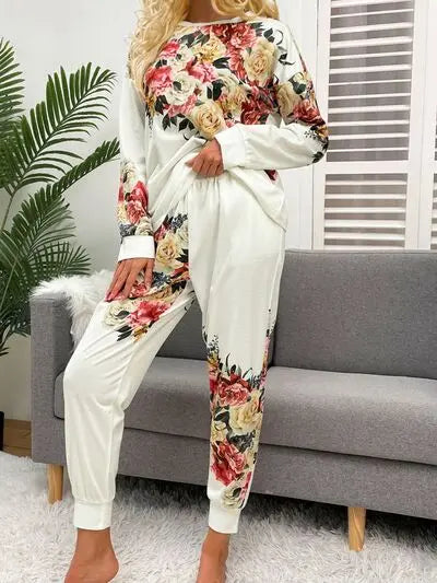 Printed Round Neck Top and Drawstring Pants Lounge Set - Nikki’s Place