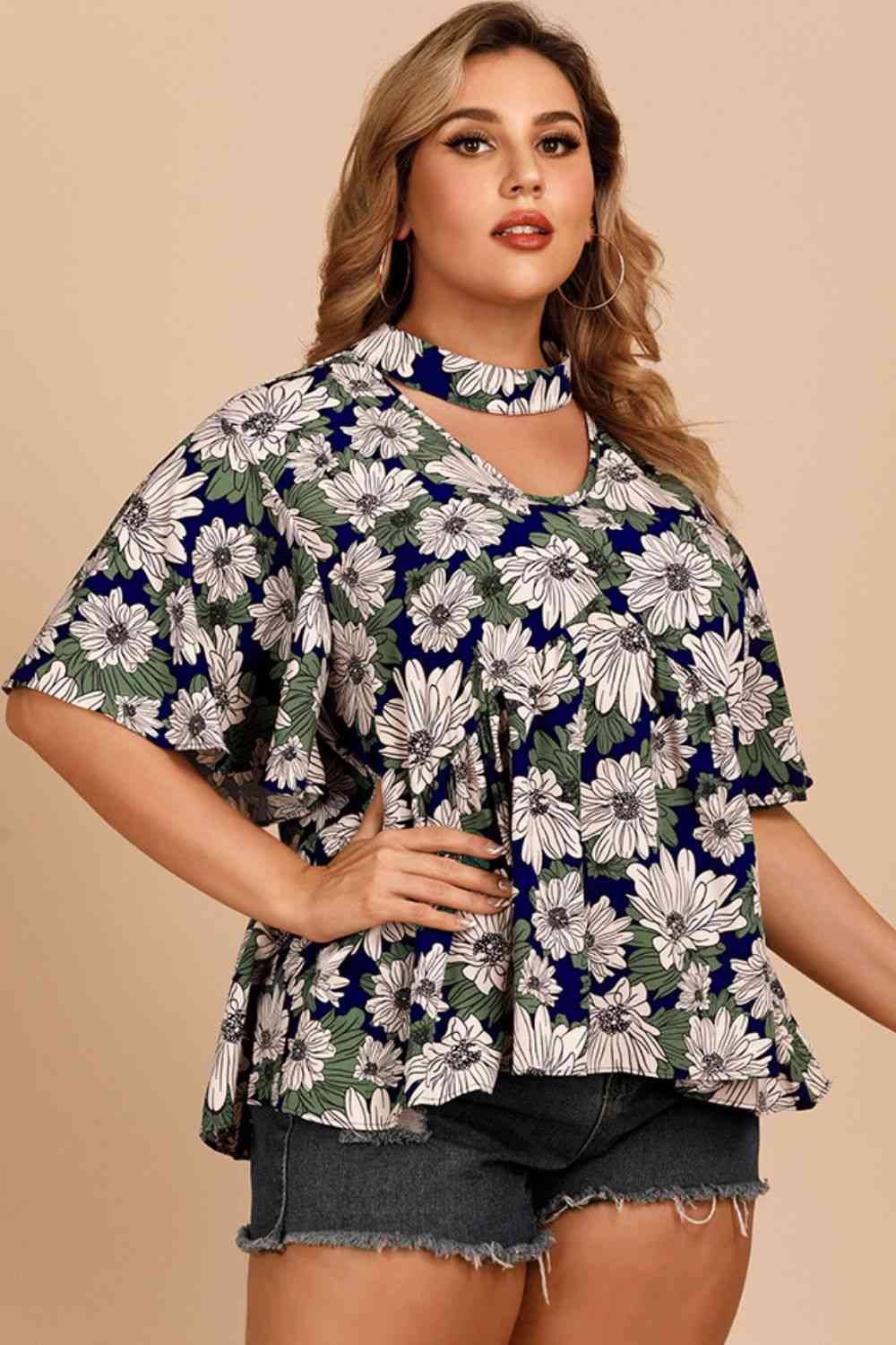 Plus Size Floral Flutter Sleeve Cutout Blouse - Nikki’s Place