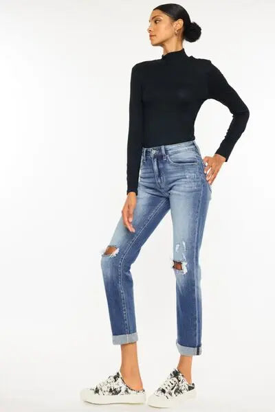 Kancan High Waist Distressed Hem Detail Cropped Straight Jeans - Nikki’s Place