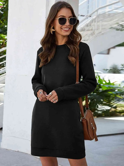 Round Neck Long Sleeve Mini Dress with Pockets - Nikki’s Place