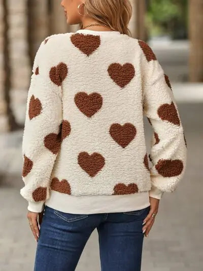 Fuzzy Heart Dropped Shoulder Sweatshirt - Nikki’s Place