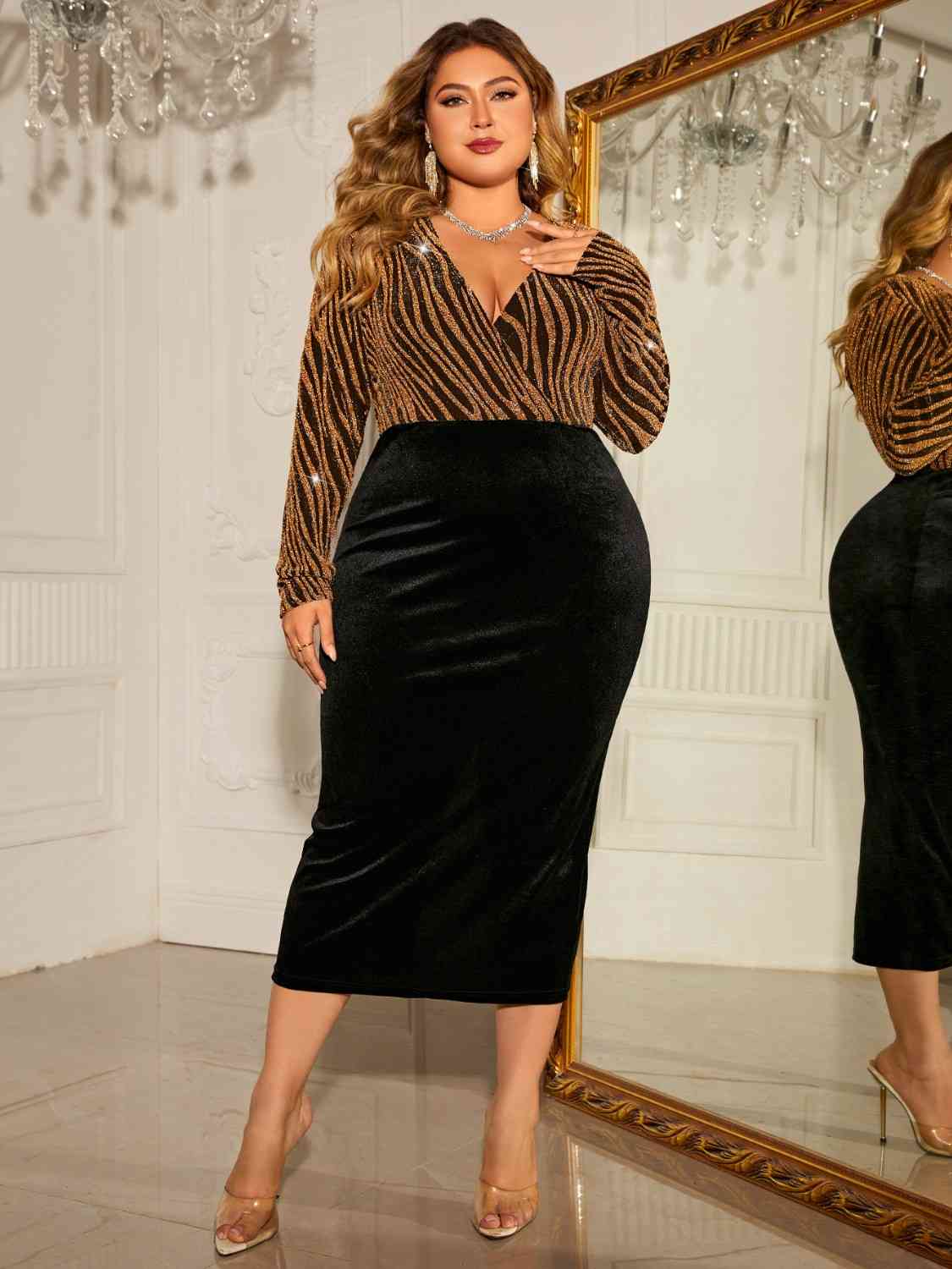 Plus Size Surplice Neck Long Sleeve Slit Dress - Nikki’s Place