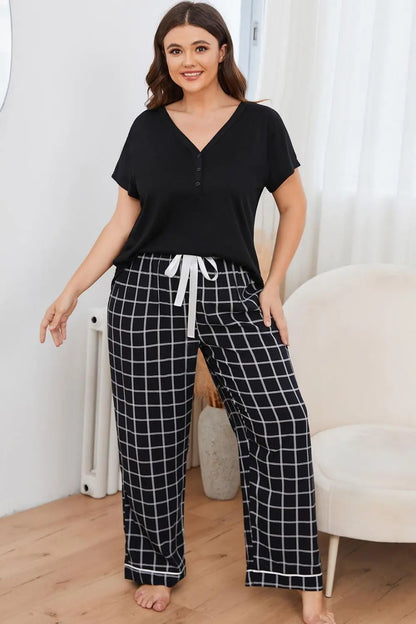 Plus Size V-Neck Top and Plaid Pants Lounge Set - Nikki’s Place