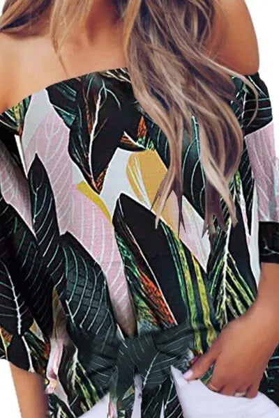 Tied Printed Off-Shoulder Half Sleeve Blouse - Nikki’s Place