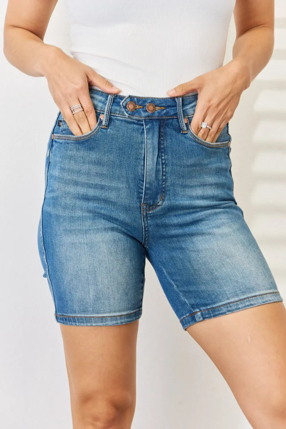 Judy Blue Regular/ Full Size Tummy Control Double Button Bermuda Denim Shorts - Nikki’s Place