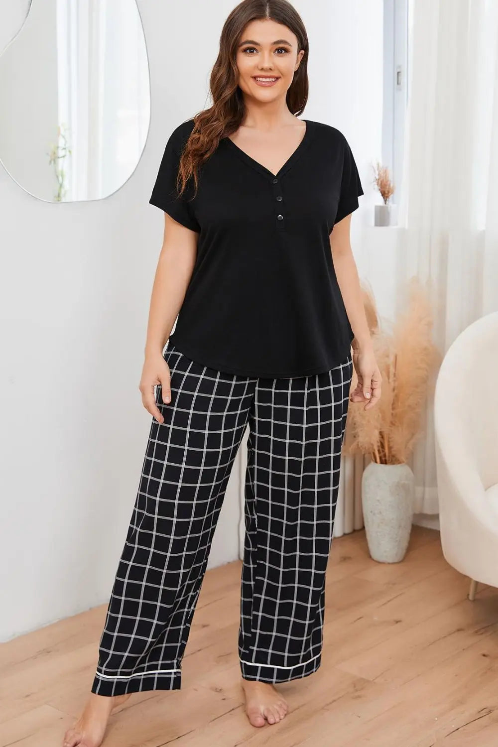 Plus Size V-Neck Top and Plaid Pants Lounge Set - Nikki’s Place