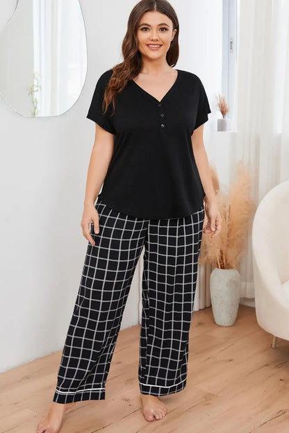 Plus Size V-Neck Top and Plaid Pants Lounge Set - Nikki’s Place