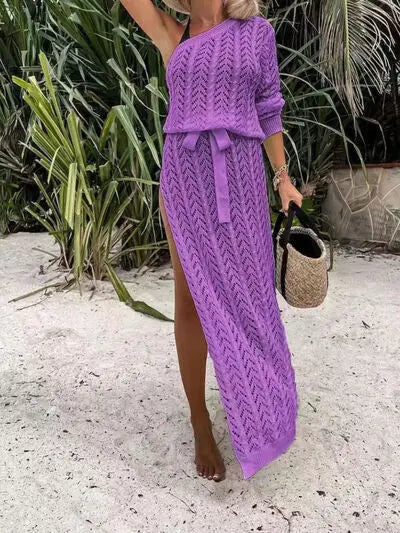 Slit Openwork Single Shoulder Knit Dress - Nikki’s Place